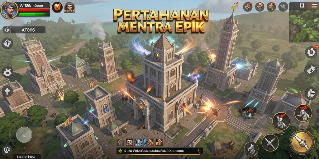 Tangkapan layar AT866 menampilkan aksi pertahanan menara yang menegangkan.