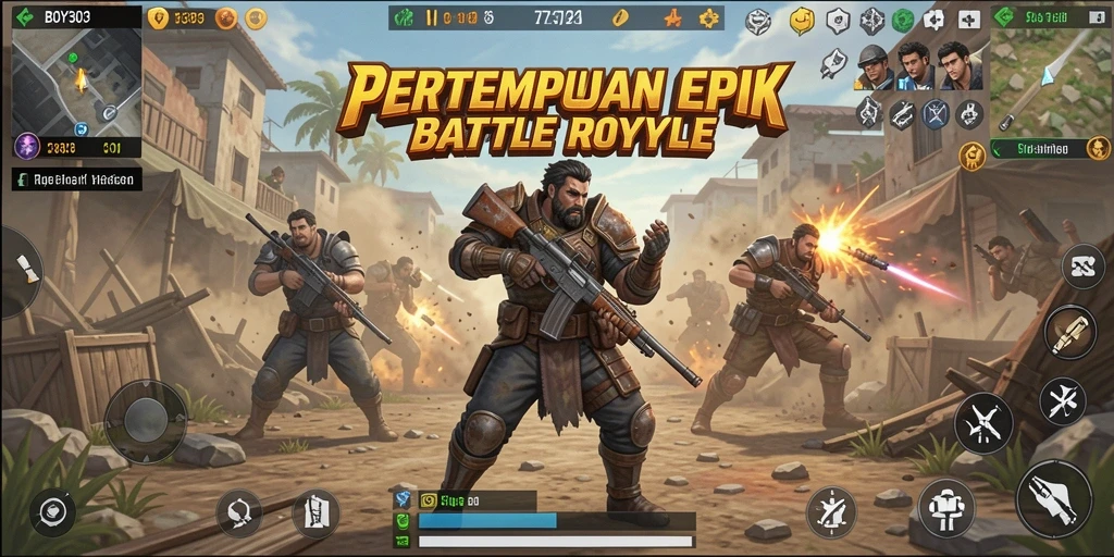 Screenshot gameplay seru dari BOY303 menunjukkan pertempuran Battle Royale yang intens.