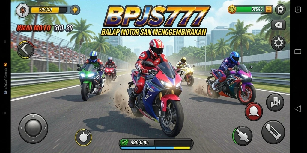 Screenshot gameplay BPJS777 menunjukkan aksi balapan motor yang mendebarkan.