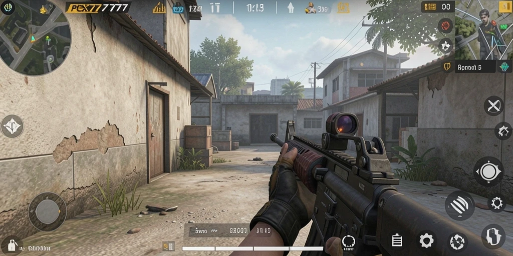 Screenshot gameplay PCX777 menampilkan adegan tembak-menembak yang mendebarkan.
